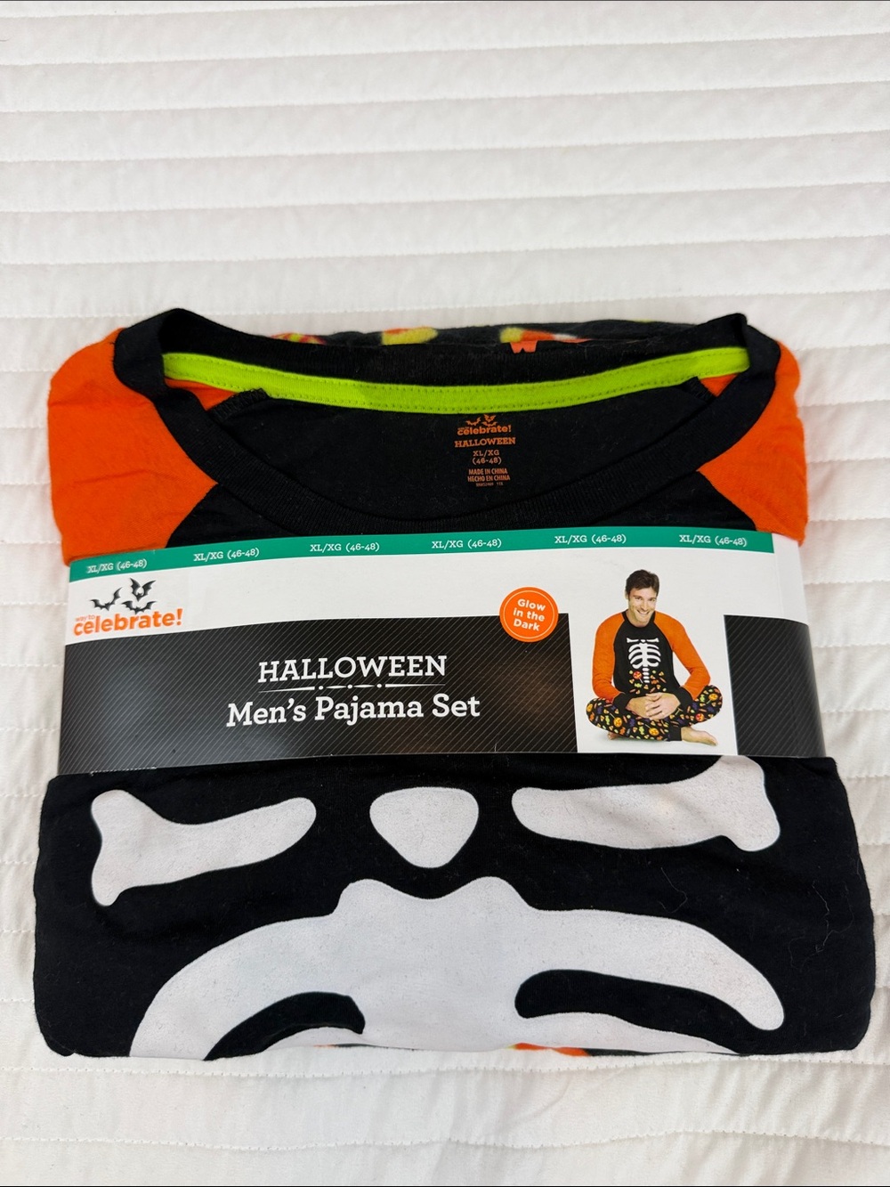 Men's Black & Orange Halloween Pajama Set with Skeleton Print